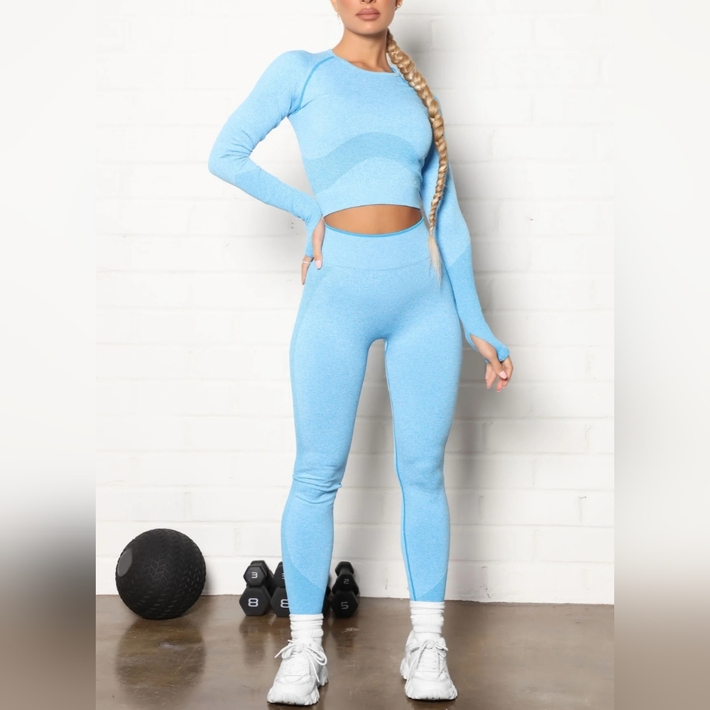Women Light Blue Seamless Leggings & Crop Long Sleeve Set M/L